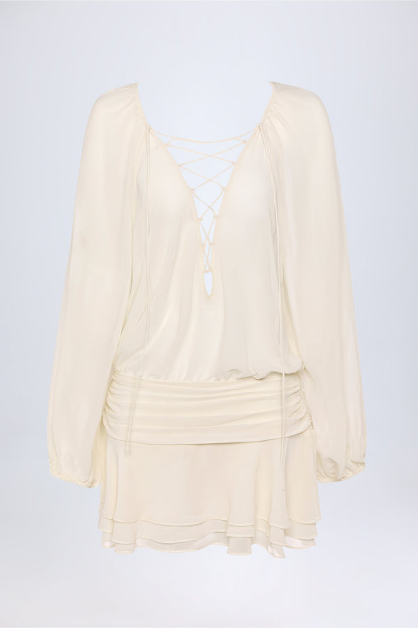 Lace-Up Balloon-Sleeve Mini Dress in Ivory